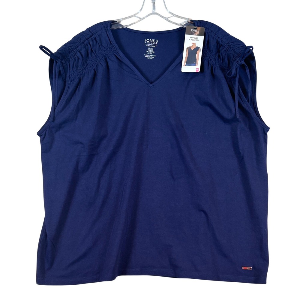 NWT Jones New York Signature Navy Blue Popover‎ V-Neck Top Ruched Shoulder XXL